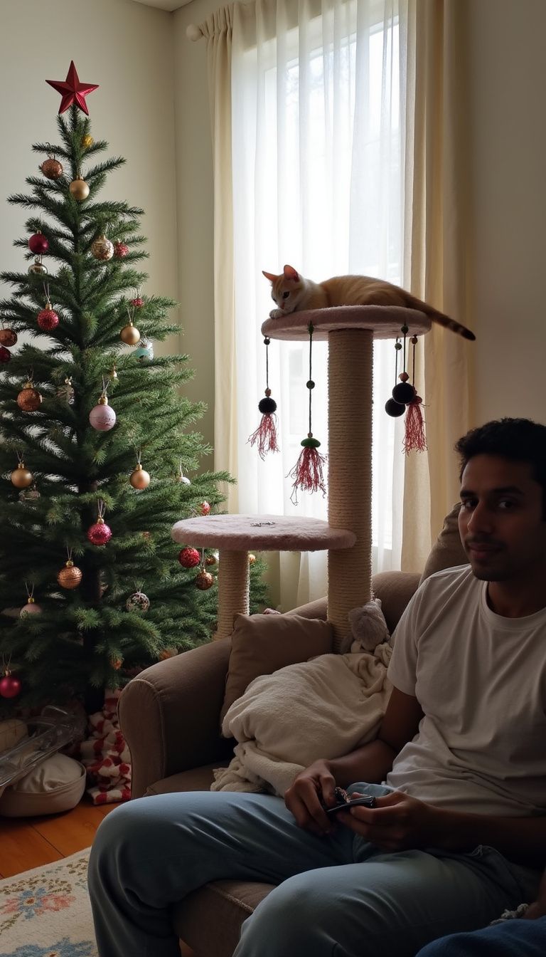 A cozy living room with a Christmas tree and cat toys.
