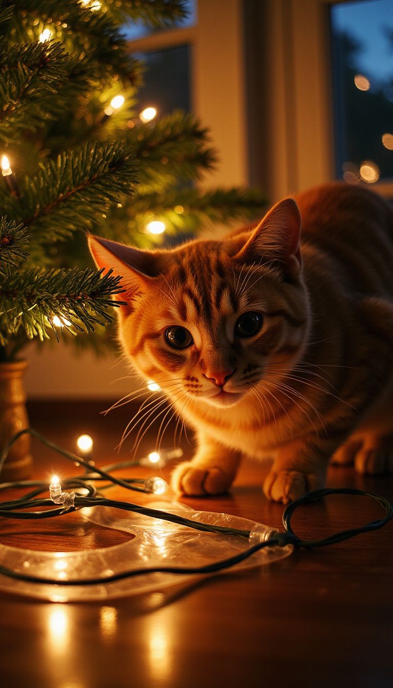 An orange tabby cat curiously observes protected cables near a Christmas tree.