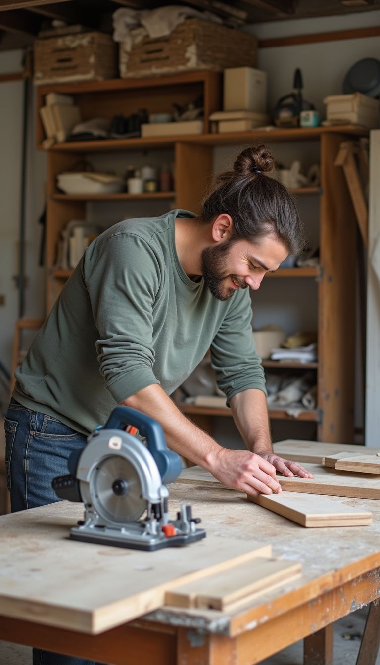 Person measuring wood for cat shelves in a cluttered workshop.