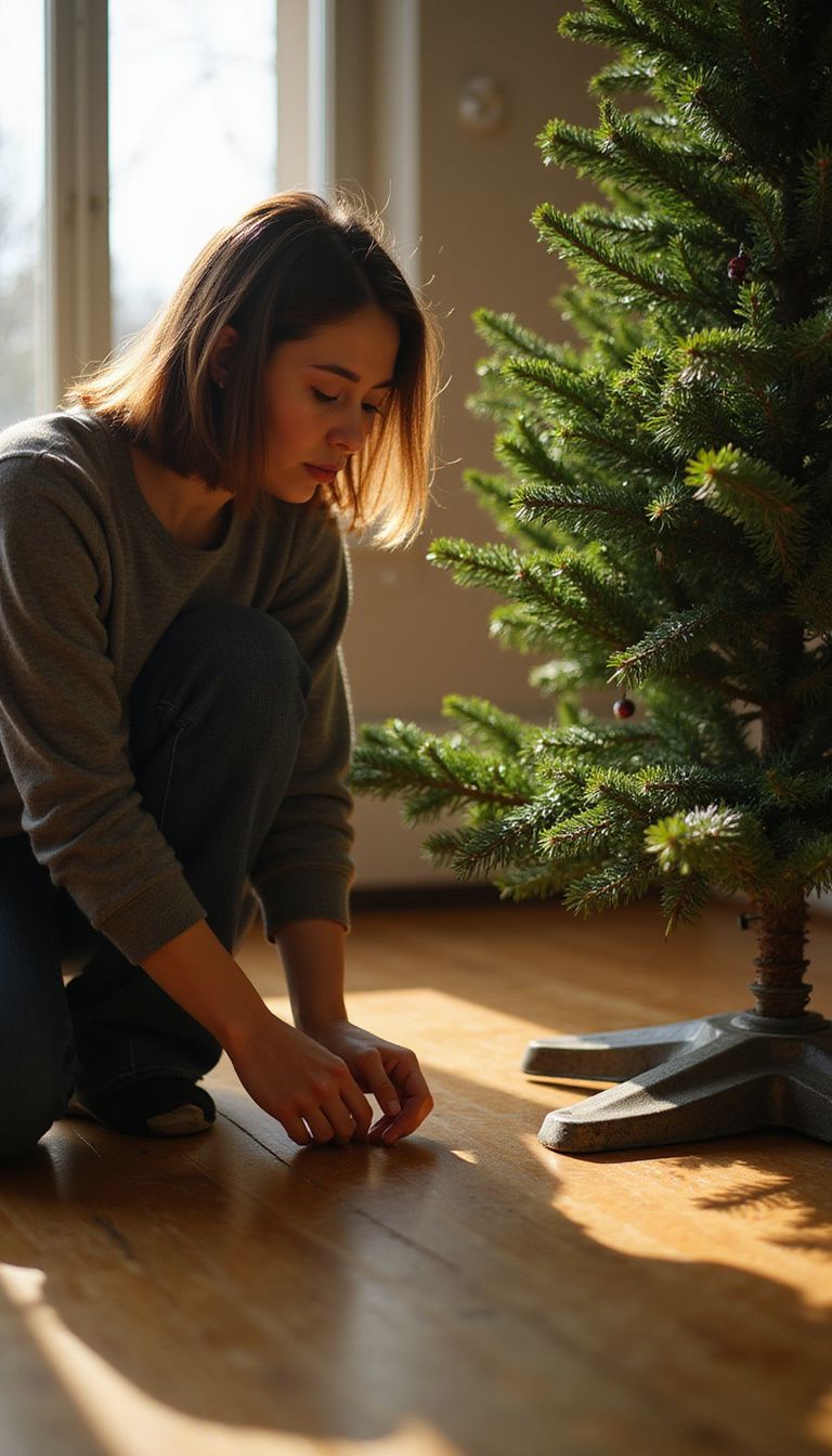 A focused woman assembles a Christmas tree stand with dedication.