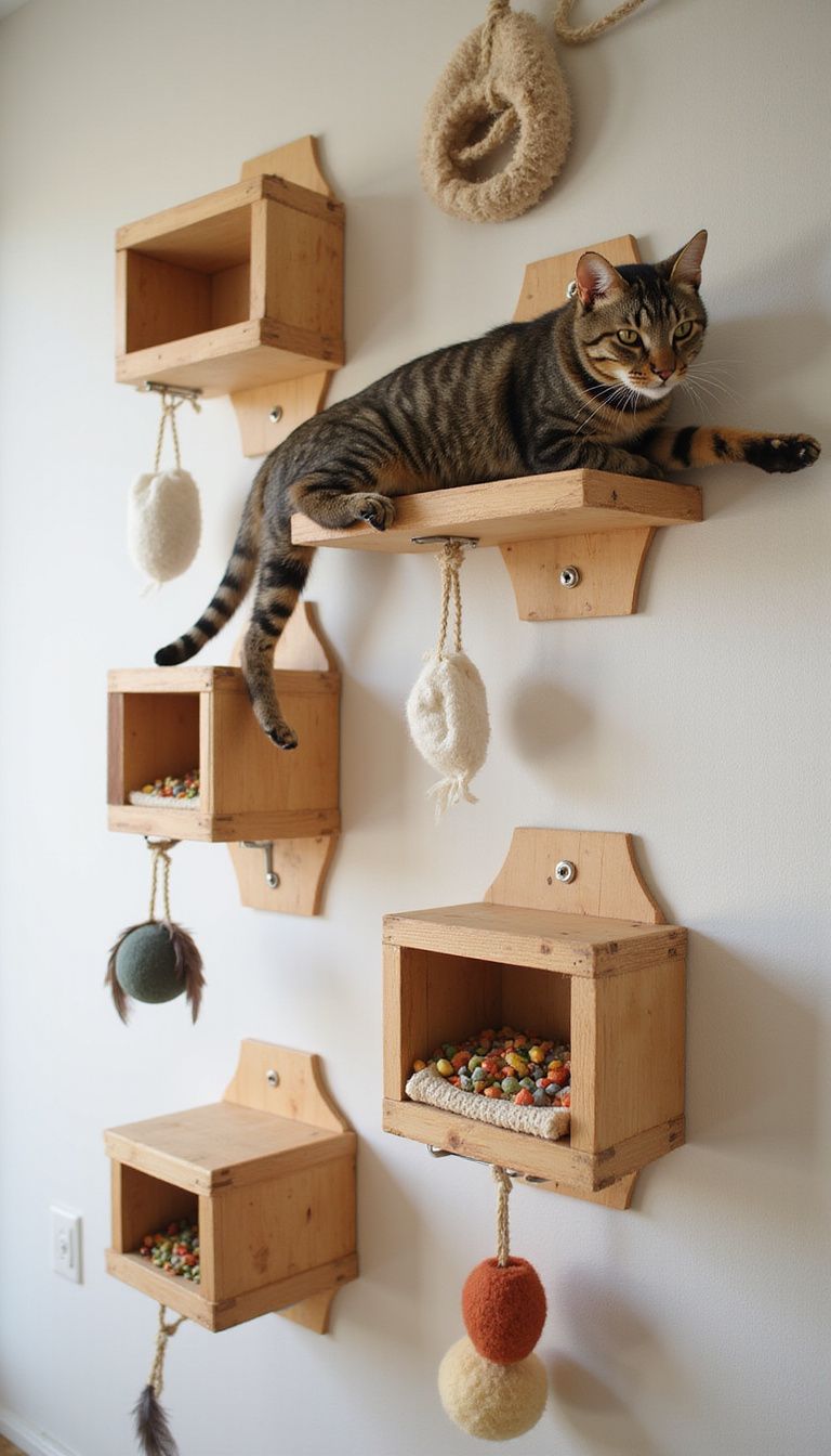 A tabby cat explores a stylishly designed wooden cat play wall. A tabby cat explores a stylishly designed wooden cat play wall.