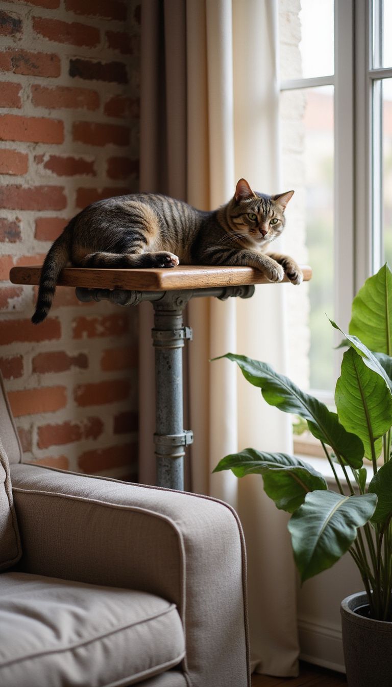A cozy living room features a tabby cat on a rustic perch. A cozy living room features a tabby cat on a rustic perch.