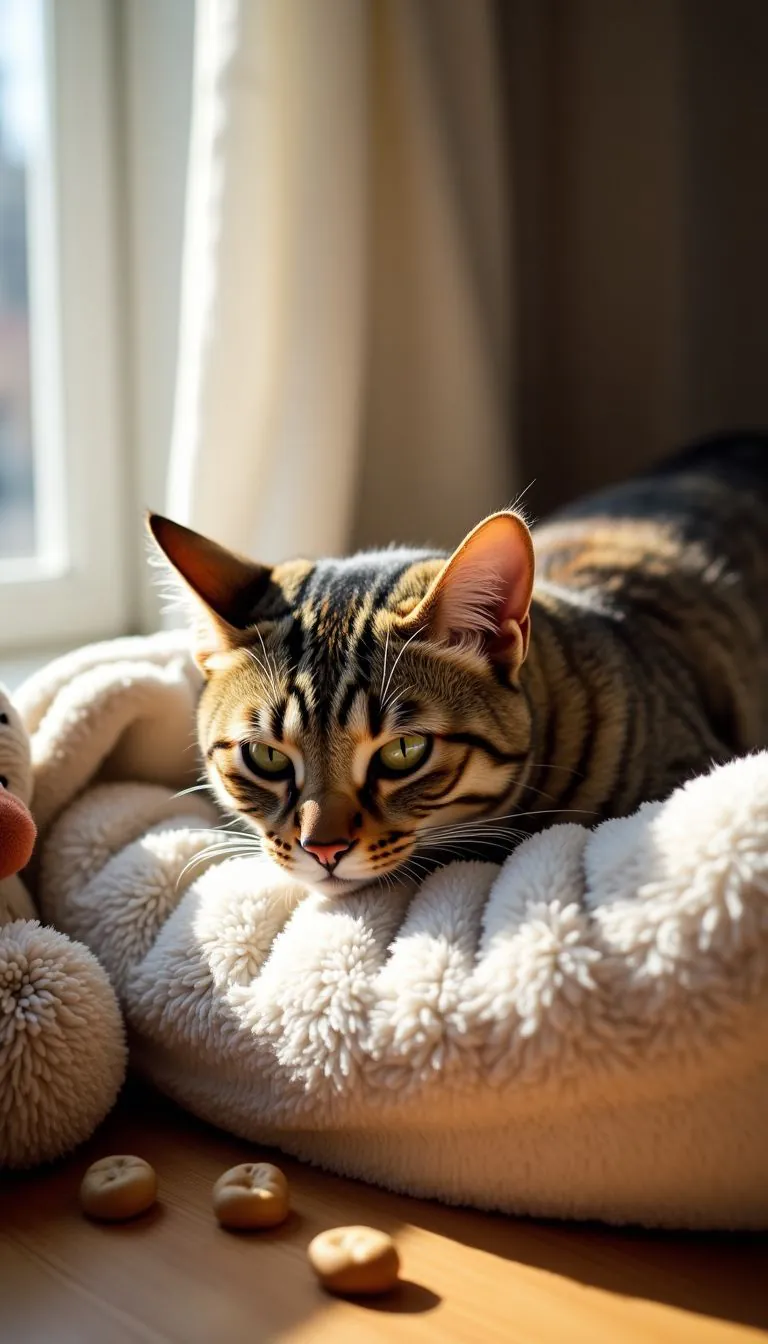 A tabby cat exploring a cozy wall bed with treats and toys.