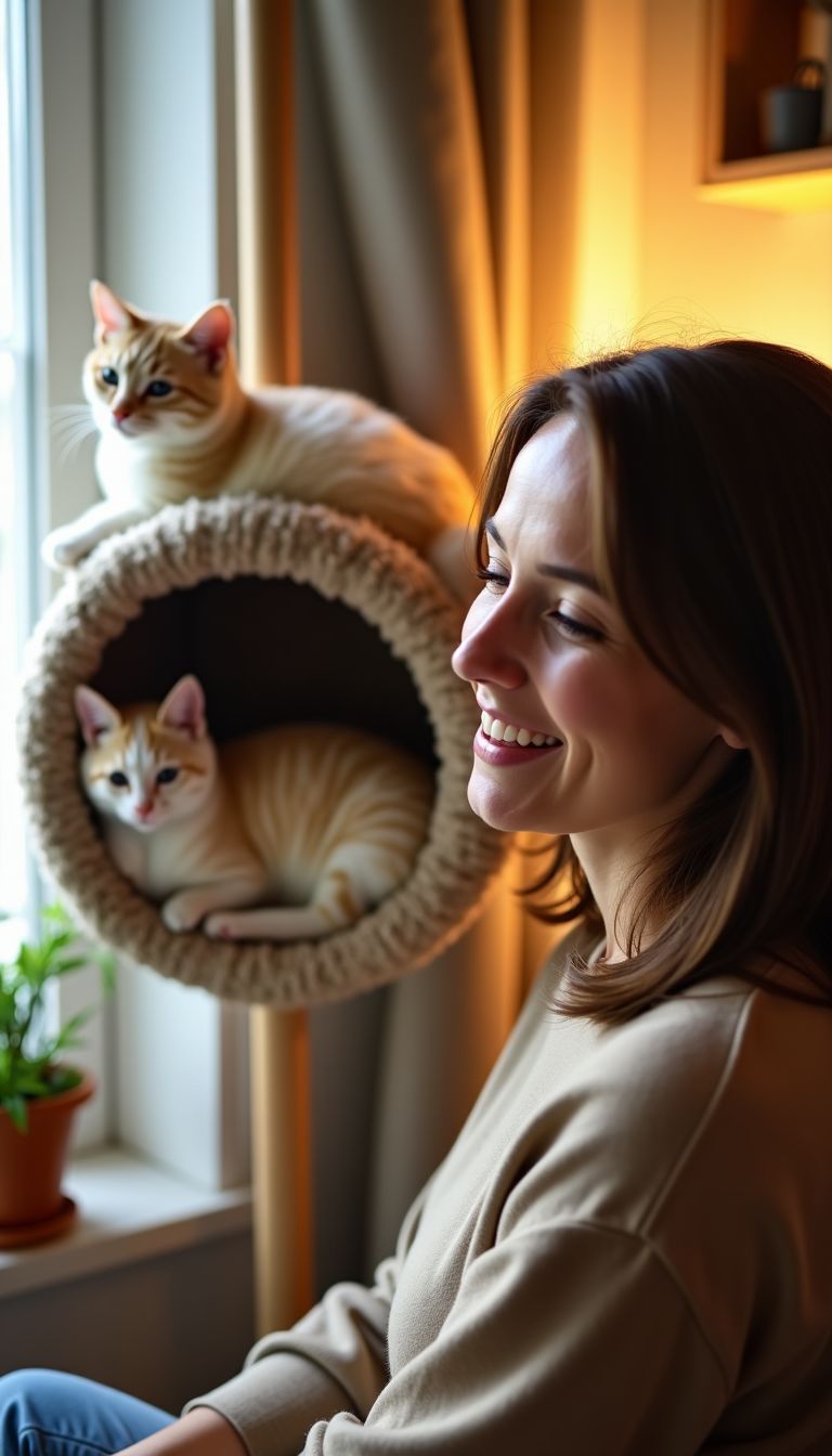 A woman in her 30s is watching her cat on a DIY cat wall bed in a cozy living room.