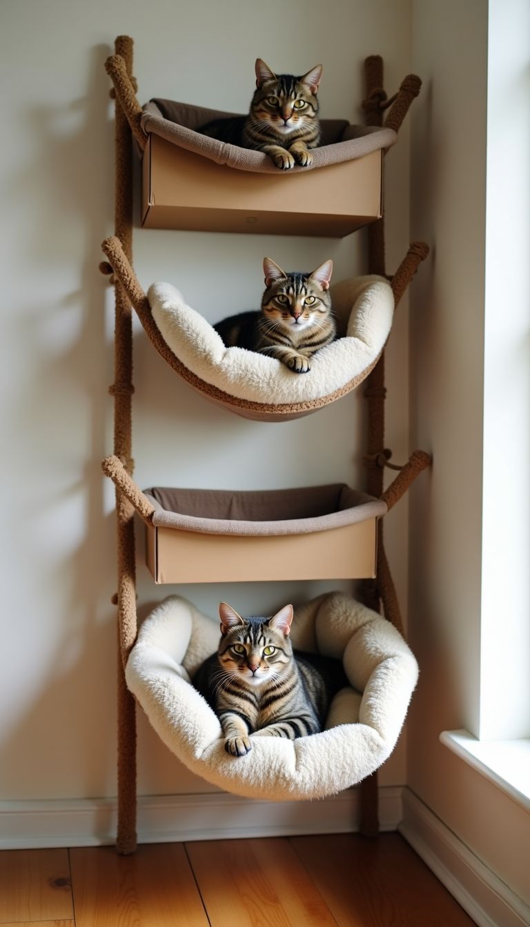 A cozy cat wall bed with hammocks and hideouts for lounging.
