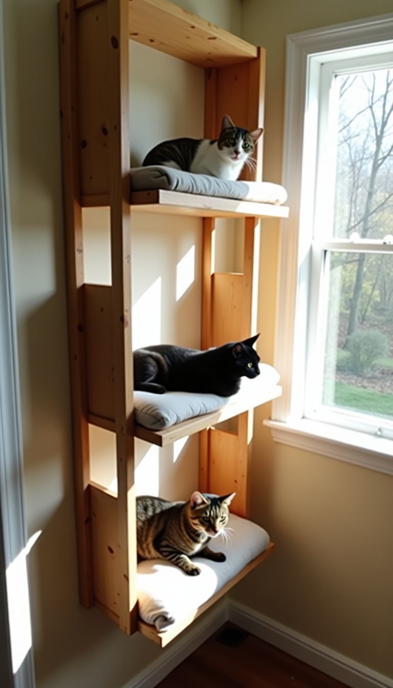 A homemade cat wall bed made of sturdy shelves covered in soft fabric.