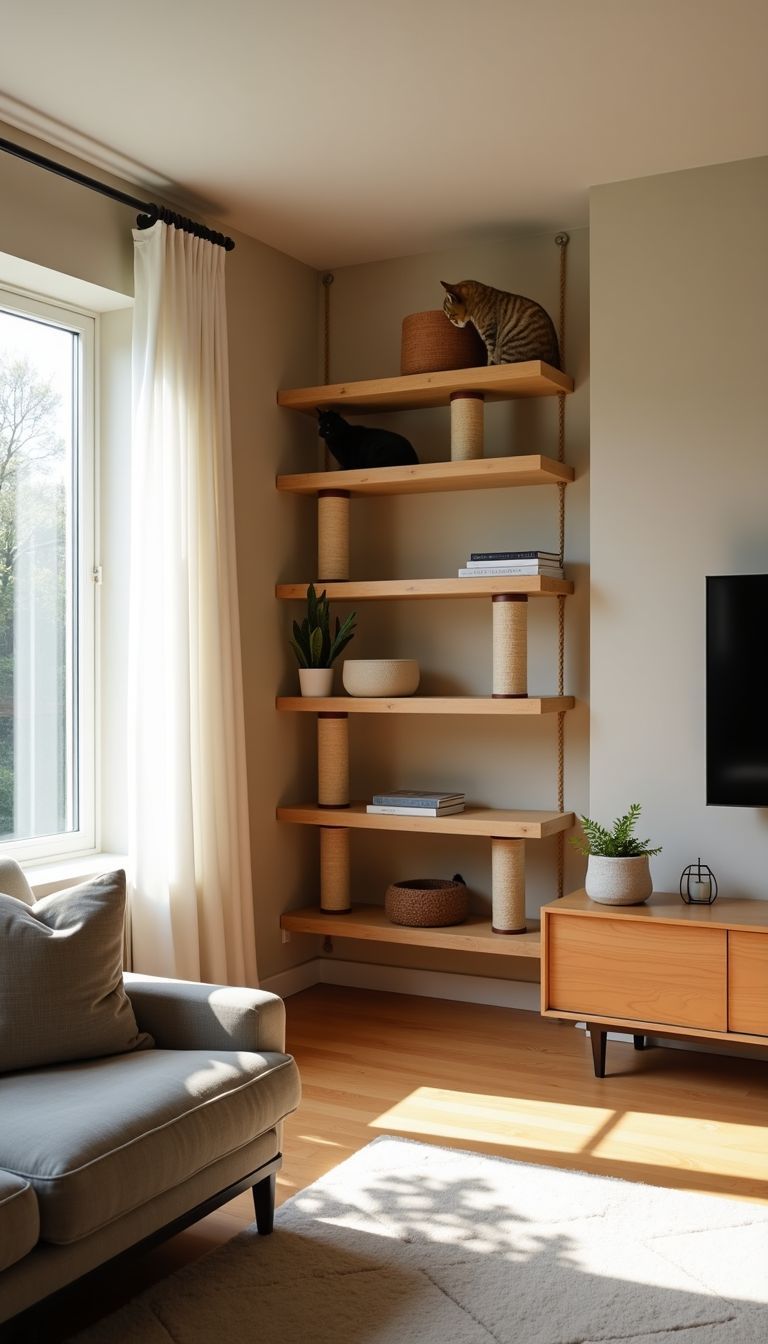 A custom cat wall creates a playful space for cats in a living room.