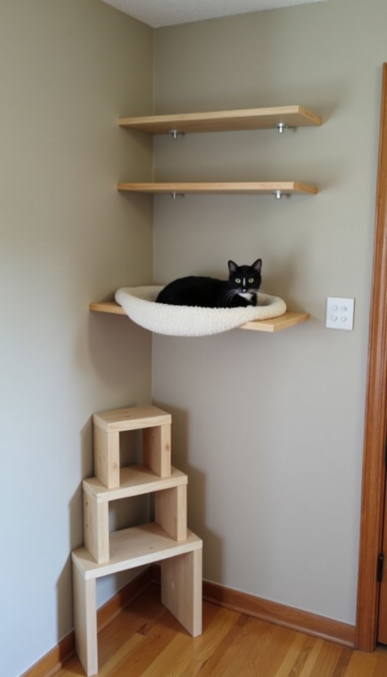 A cozy corner of a room with a secure cat wall bed.