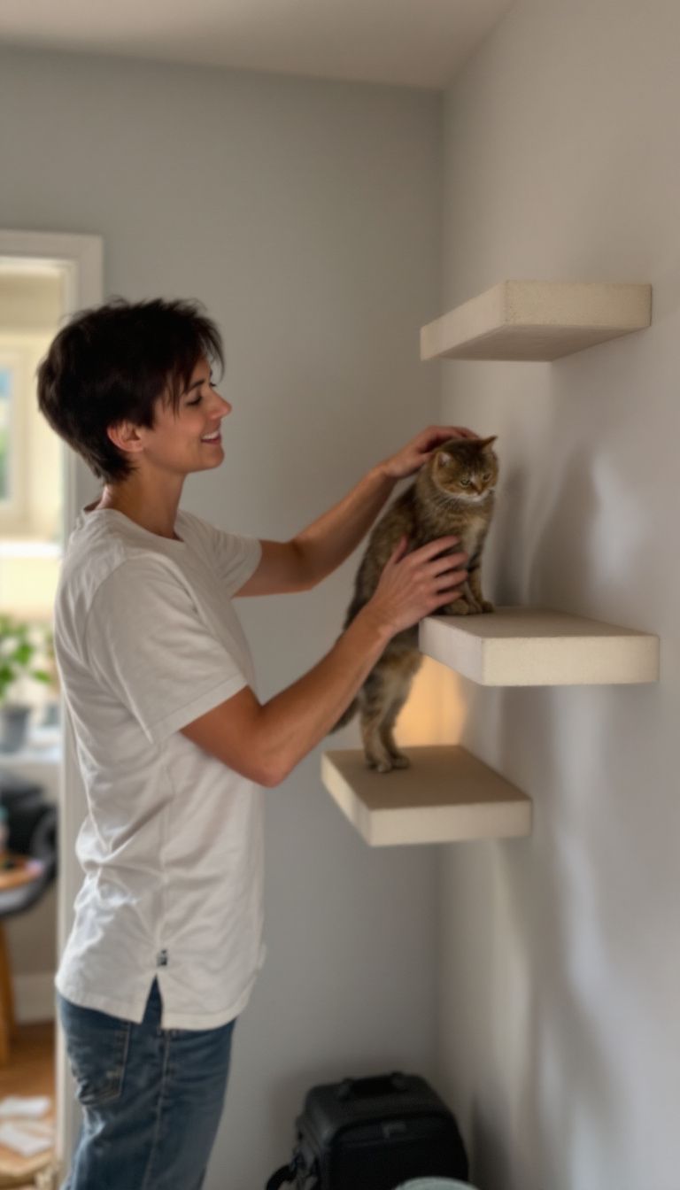 A person is installing climbing shelves for a cat in a cozy home.