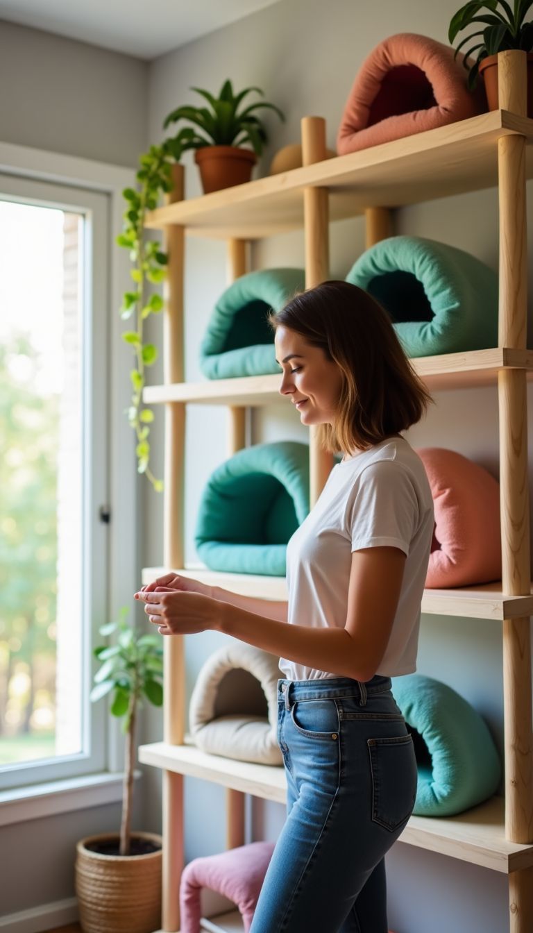 A woman in her thirties arranging colorful cat furniture in a bright living room. A woman in her thirties arranging colorful cat furniture in a bright living room.