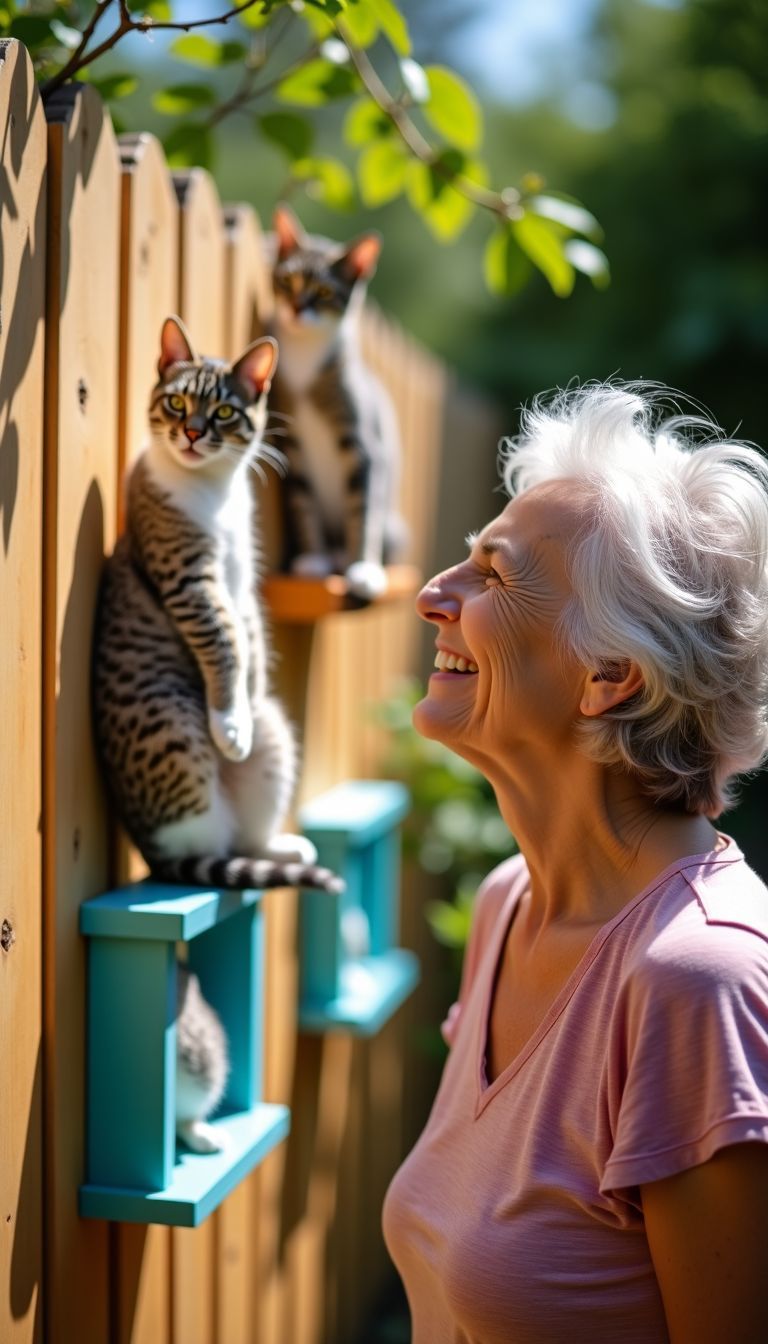 An elderly woman enjoys time with her playful cats in backyard. An elderly woman enjoys time with her playful cats in backyard.