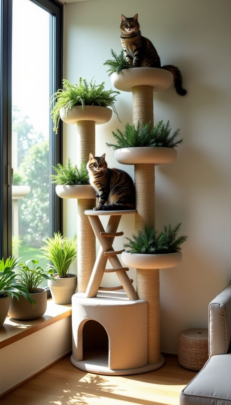 The image shows a modern living room with a stylish cat climbing wall. The image shows a modern living room with a stylish cat climbing wall.