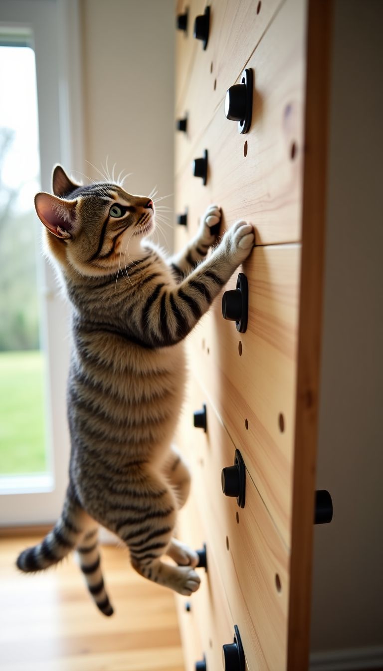 Close-up of a sturdy cat climbing wall with heavy-duty installation. Close-up of a sturdy cat climbing wall with heavy-duty installation.