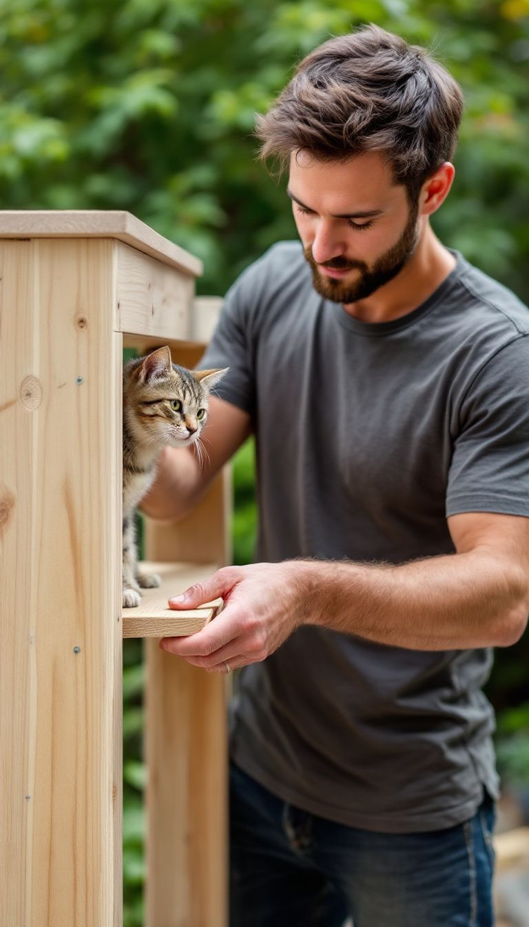 A person in their thirties constructs outdoor cat shelves in a backyard. A person in their thirties constructs outdoor cat shelves in a backyard.