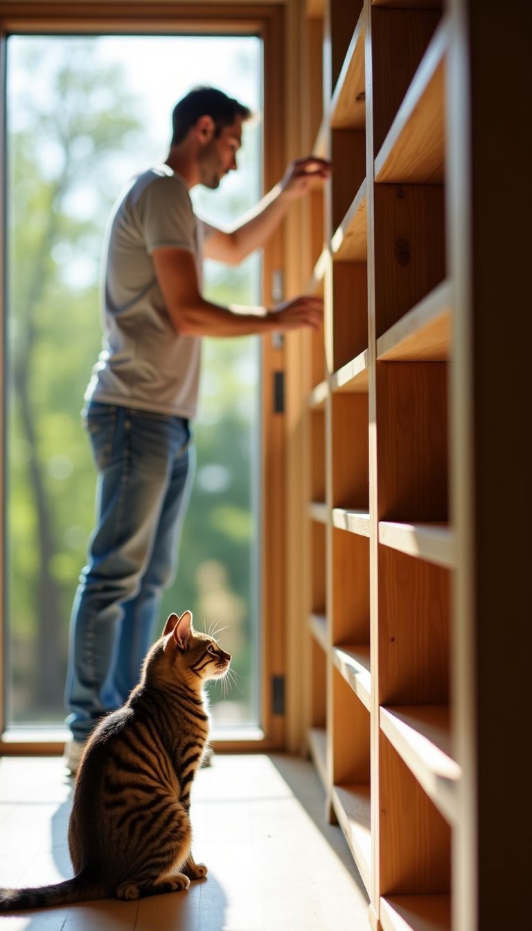 A person fixing shelves with a cat watching in natural light. A person fixing shelves with a cat watching in natural light.