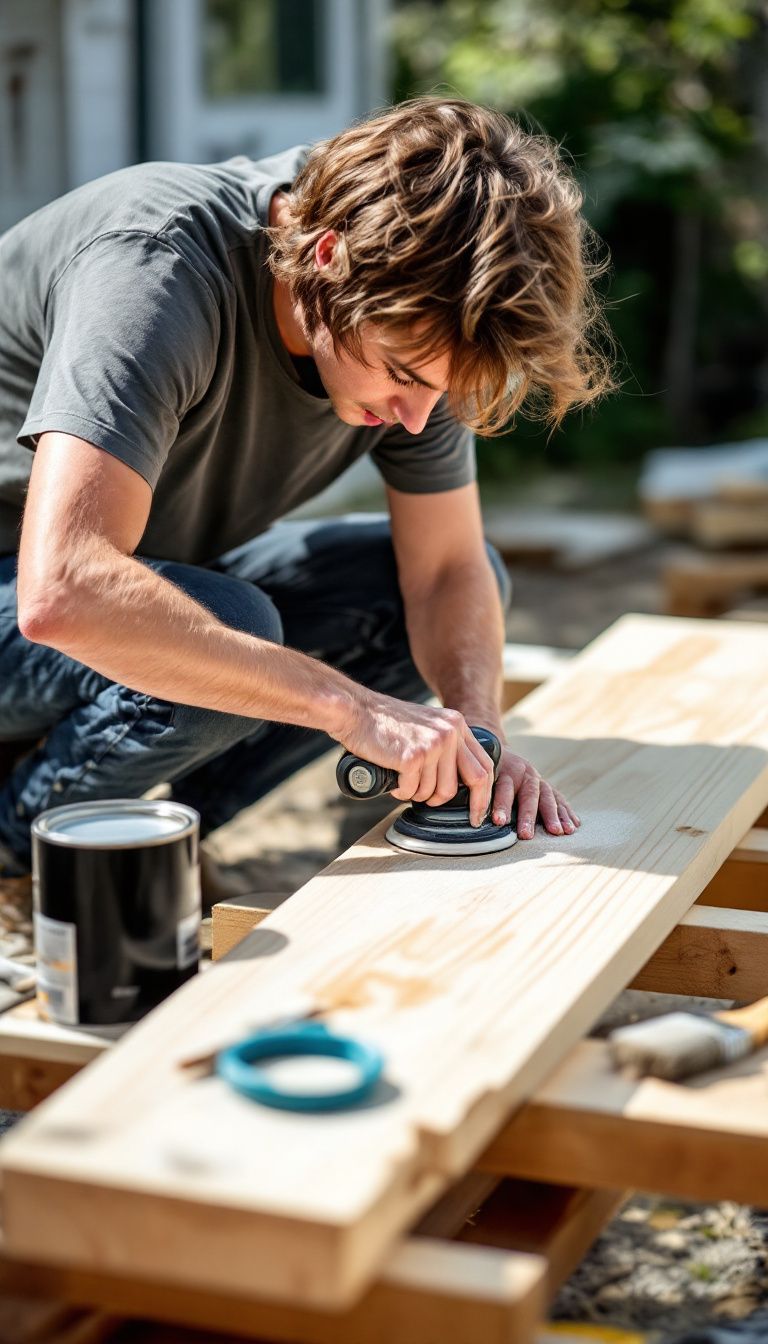 A person sanding a pine board outside with tools nearby. A person sanding a pine board outside with tools nearby.