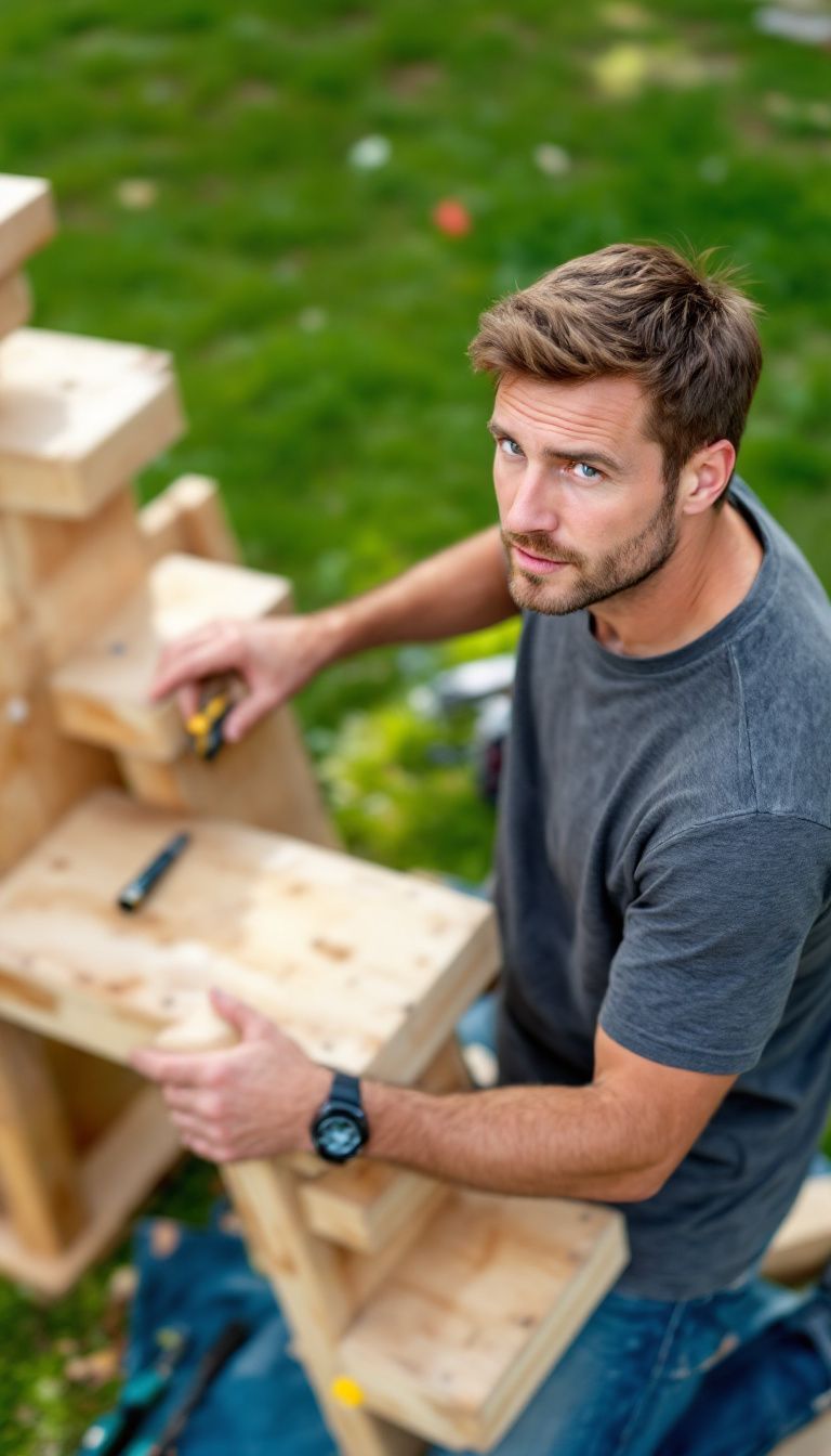 A man in his backyard building a wooden cat climbing wall. A man in his backyard building a wooden cat climbing wall.