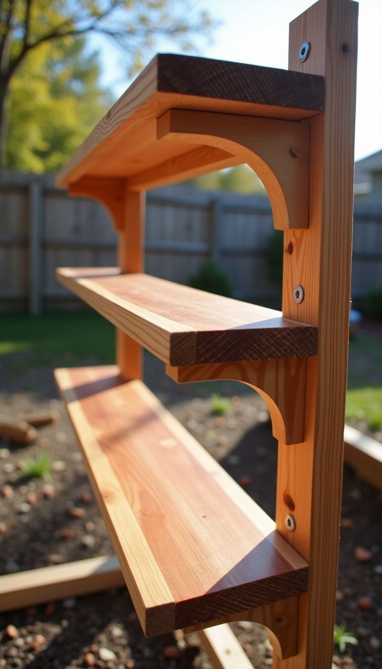 A Western Red Cedar outdoor cat shelf being assembled in a backyard. A Western Red Cedar outdoor cat shelf being assembled in a backyard.
