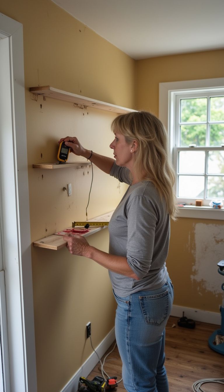 A woman marks spots for cat shelves in her living room.