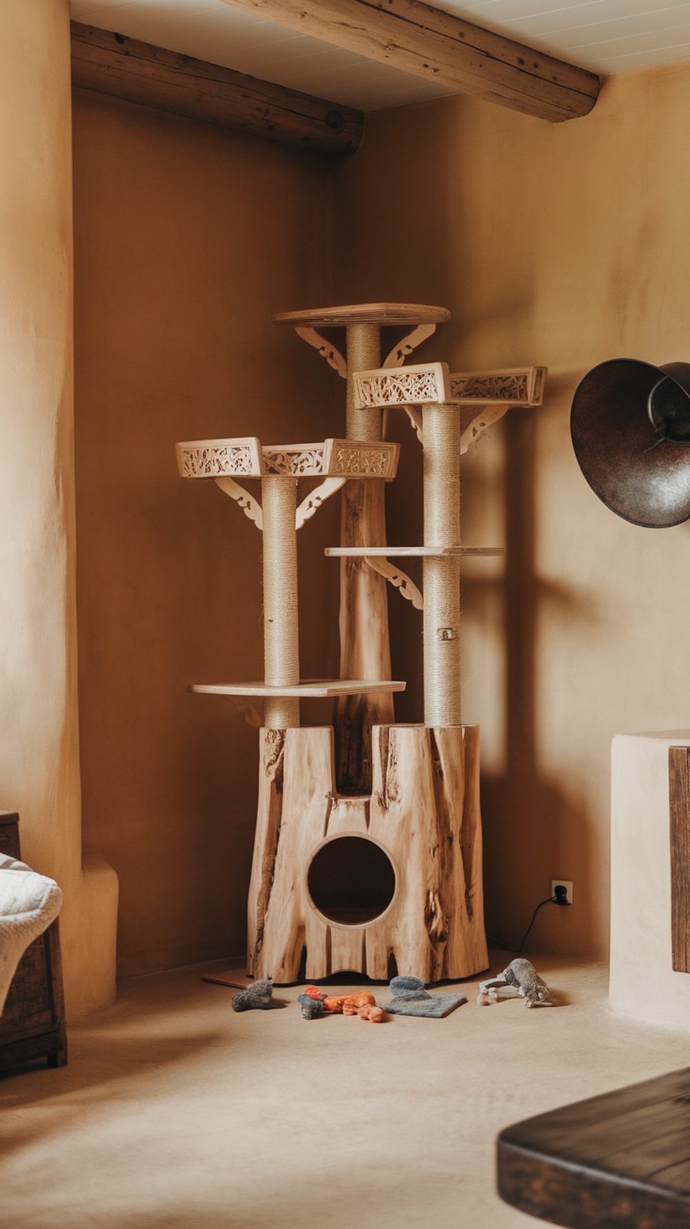A natural wood cat tree with multiple platforms and a cozy hideaway, set in a warm-toned room.