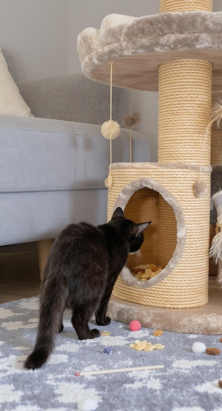 A black cat exploring a cozy cat tree condo with treats inside.