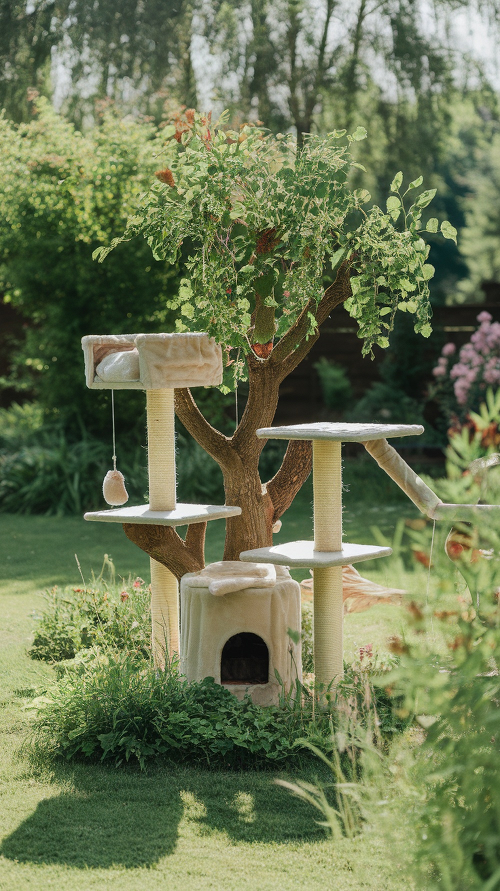 Outdoor cat tree made from weatherproof materials, featuring multiple levels, a cozy hideaway, and scratching posts, set in a lush garden.