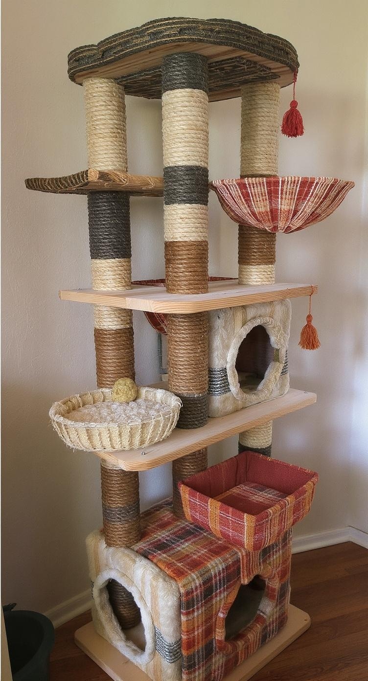 A DIY cat tree condo featuring multiple levels, scratching posts, and cozy spots for cats.