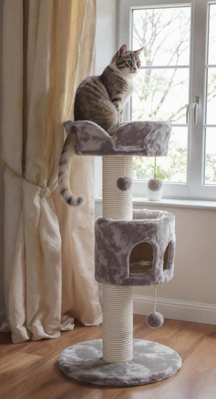 A cozy cat tree condo with multiple levels and a cat sitting on top, near a window.