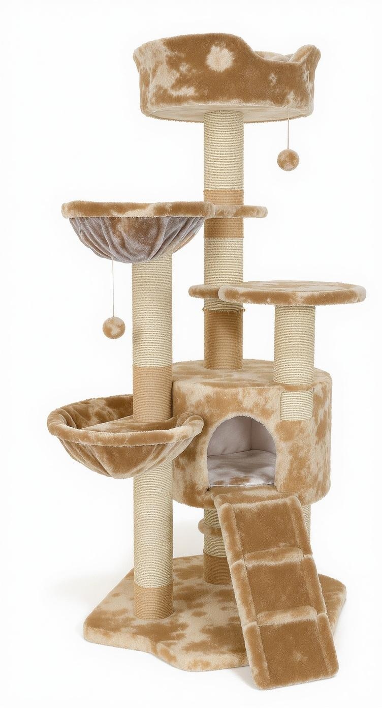A plush cat tree condo with multiple levels, scratching posts, and a cozy hideaway.