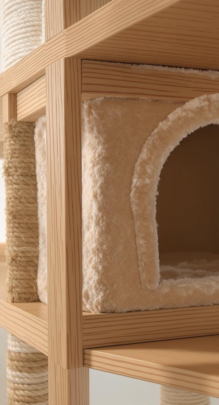 Close-up of a cat tree condo showing wooden structure, soft fabric, and sisal rope.