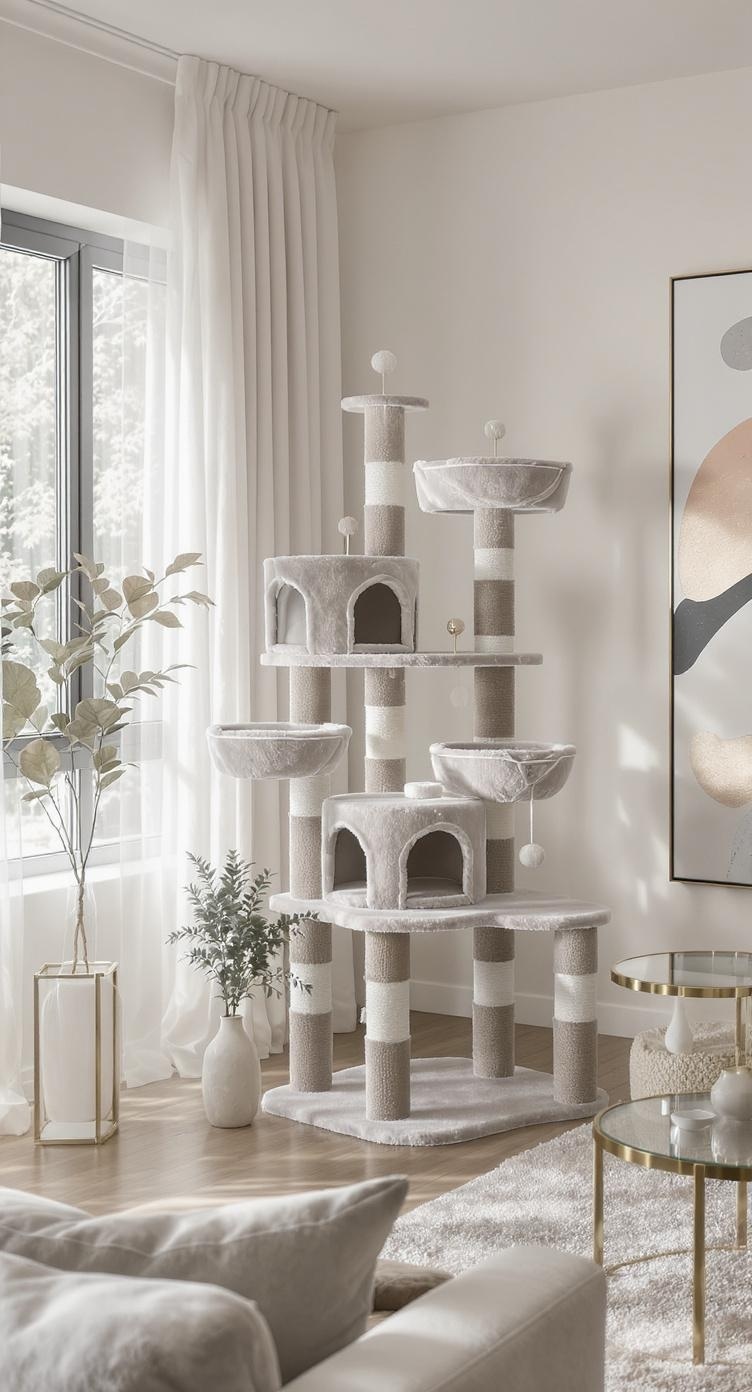 A stylish cat tree condo in a modern living room setting.