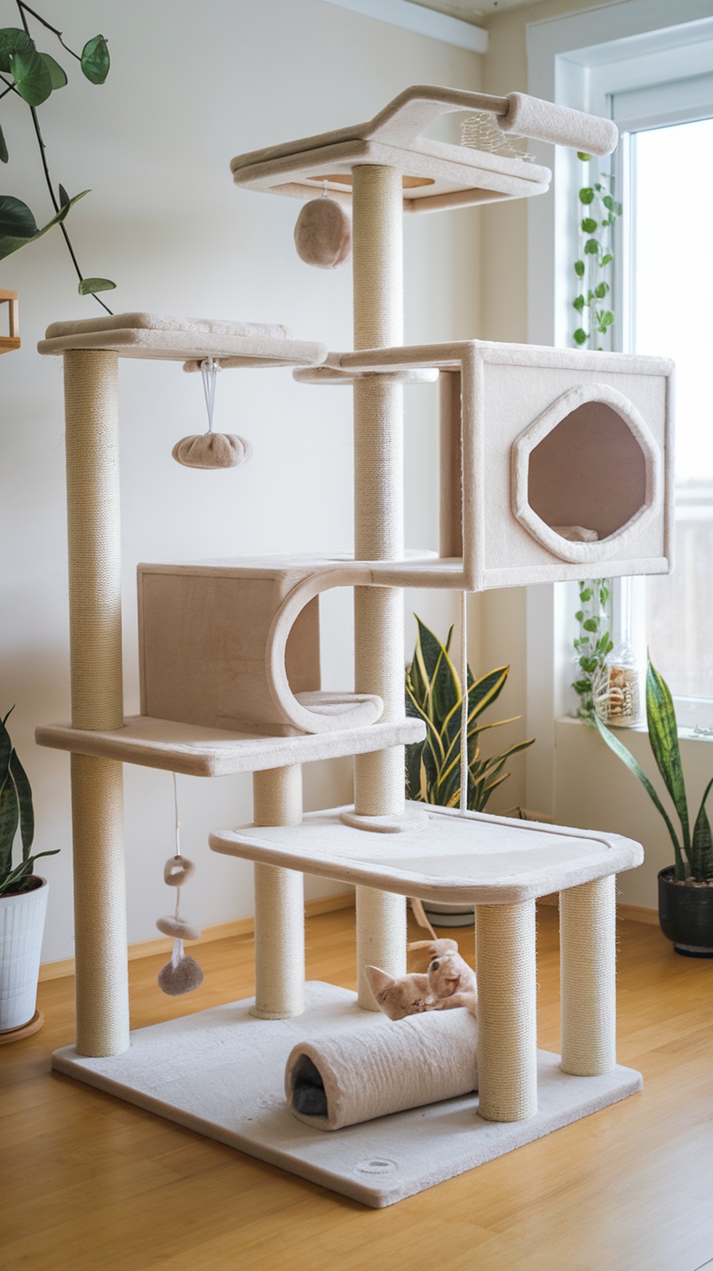 A multi-level cat tree with various platforms, a cozy hideaway, and hanging toys, featuring a playful cat.