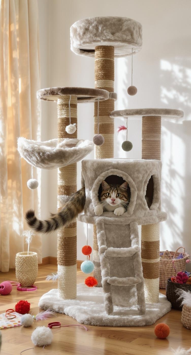 A cozy cat tree condo with multiple levels, scratching posts, and hanging toys, featuring a cat peeking out from a soft hideaway.