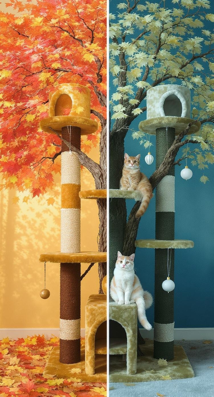 A cat tree condo with seasonal decorations, one side showcasing autumn colors and the other side with winter themes.