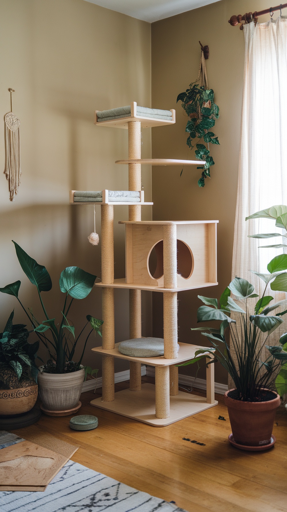 Eco-friendly cat tree made from natural wood with soft cushions and surrounded by plants