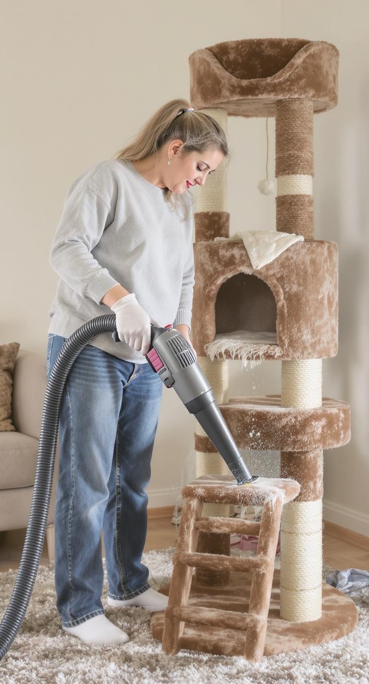 A person vacuuming a cat tree condo to keep it clean and tidy.