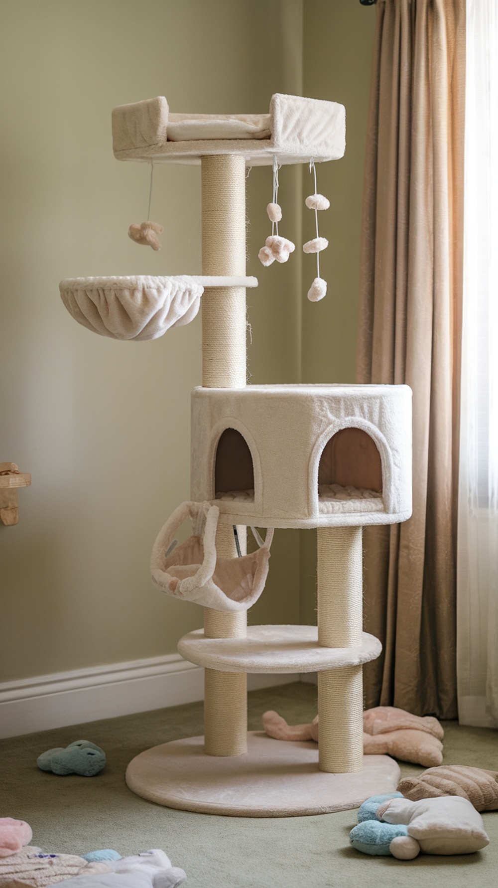 An interactive cat tree featuring multiple levels, soft fabric, and hanging toys for play.