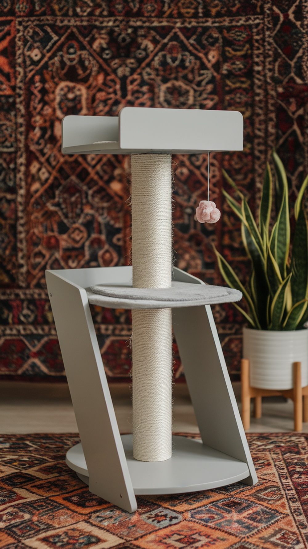 A stylish cat tree designed for small spaces, featuring a cozy platform, a sisal-wrapped scratching post, and a playful pom-pom.