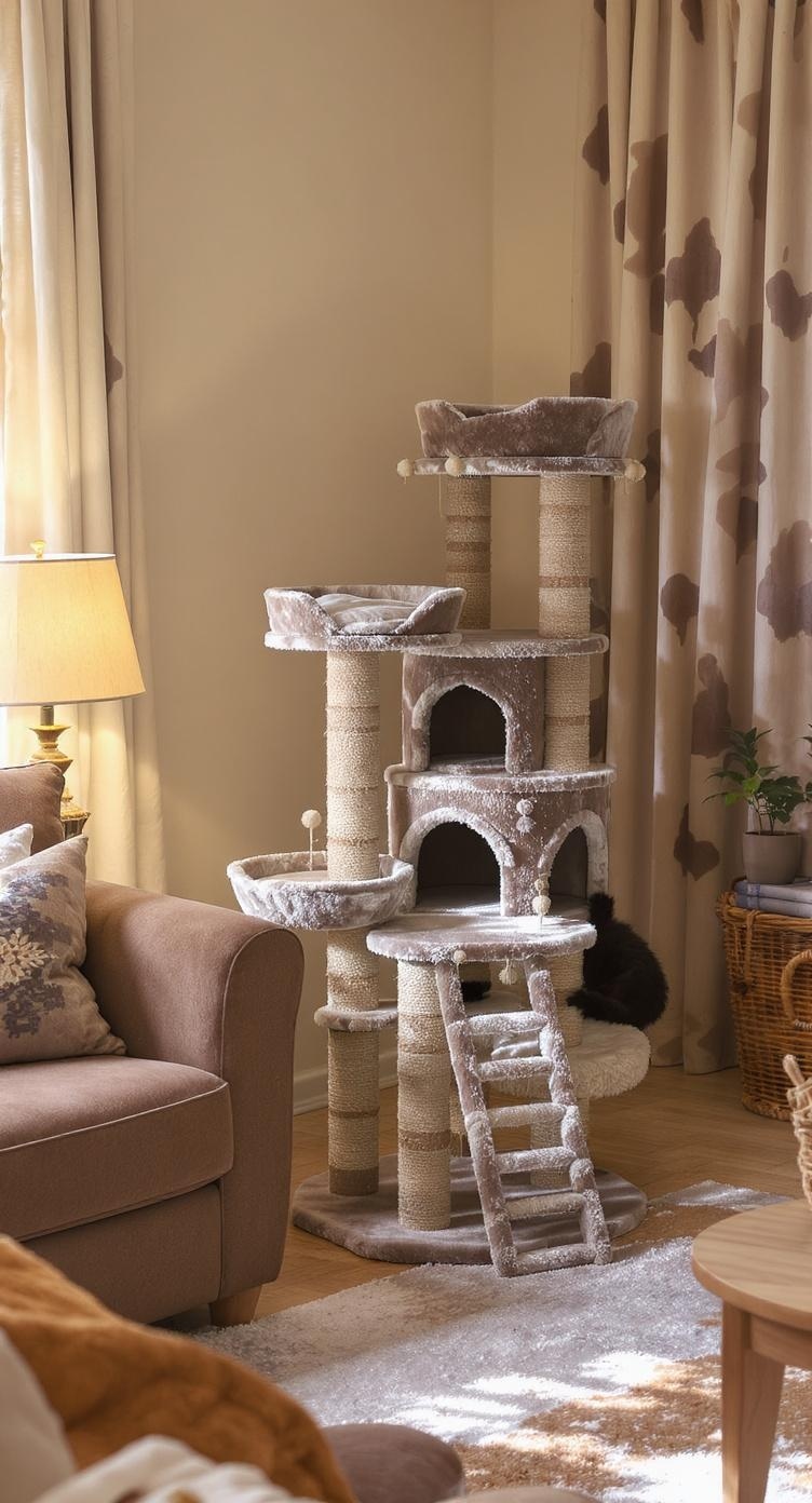 A tall, multi-level cat tree condo in a cozy living room setting.