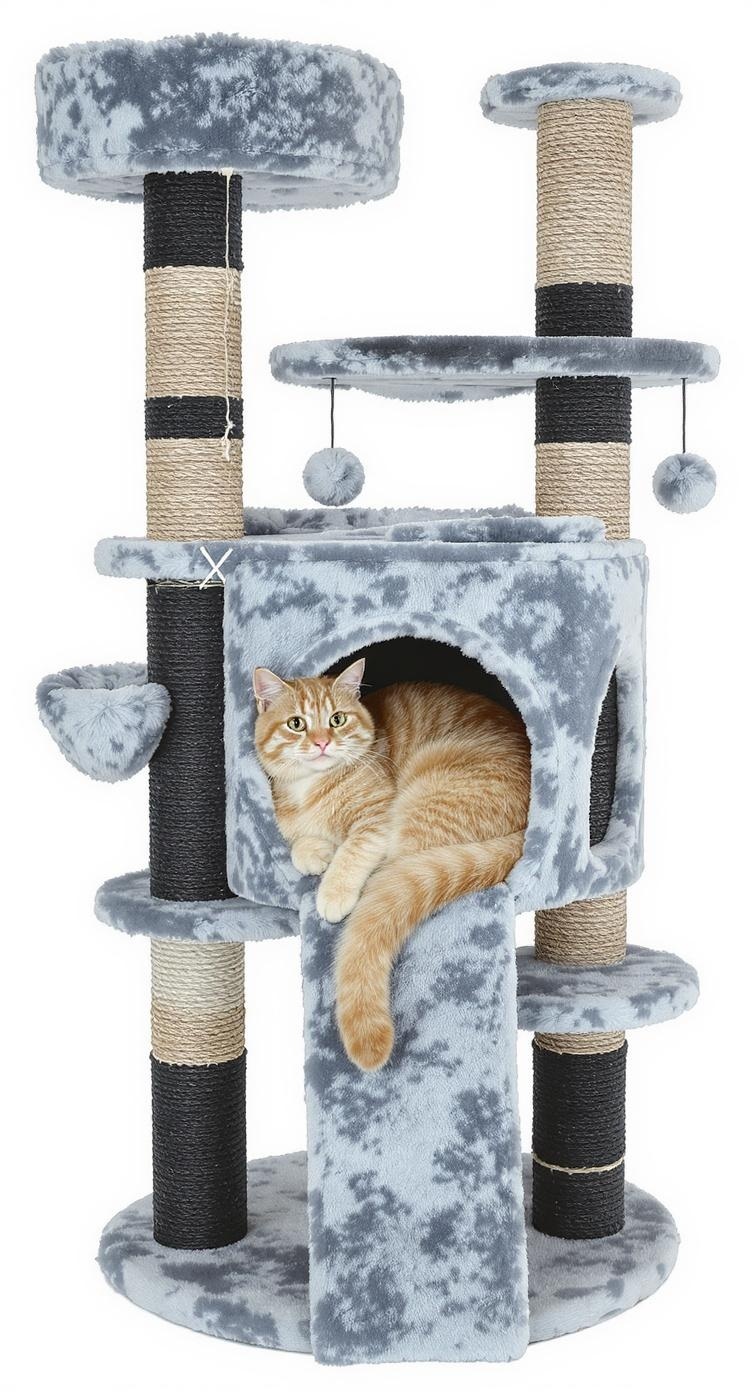 A cozy cat tree condo with multiple levels, a plush hideaway, scratching posts, and hanging toys, featuring an orange cat lounging on it.