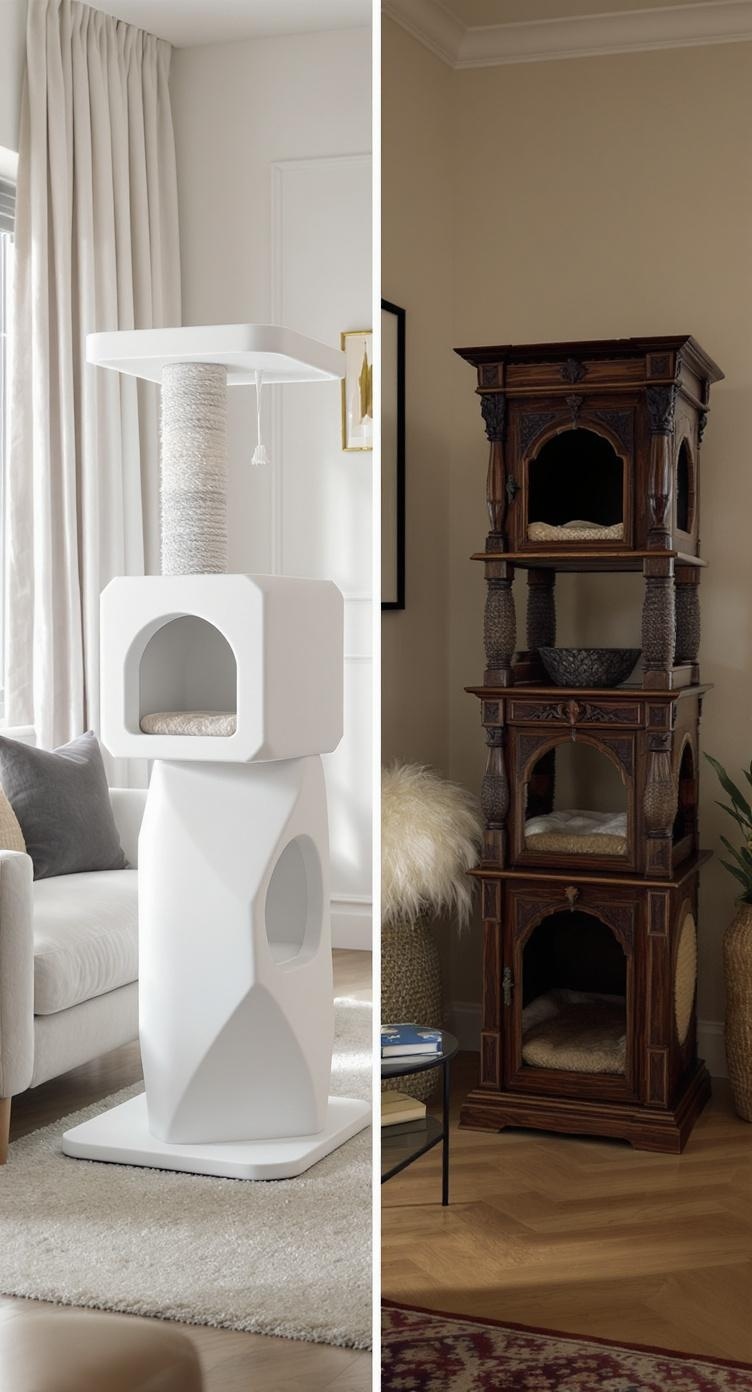 A comparison of a modern cat tree on the left and a traditional cat tree on the right.