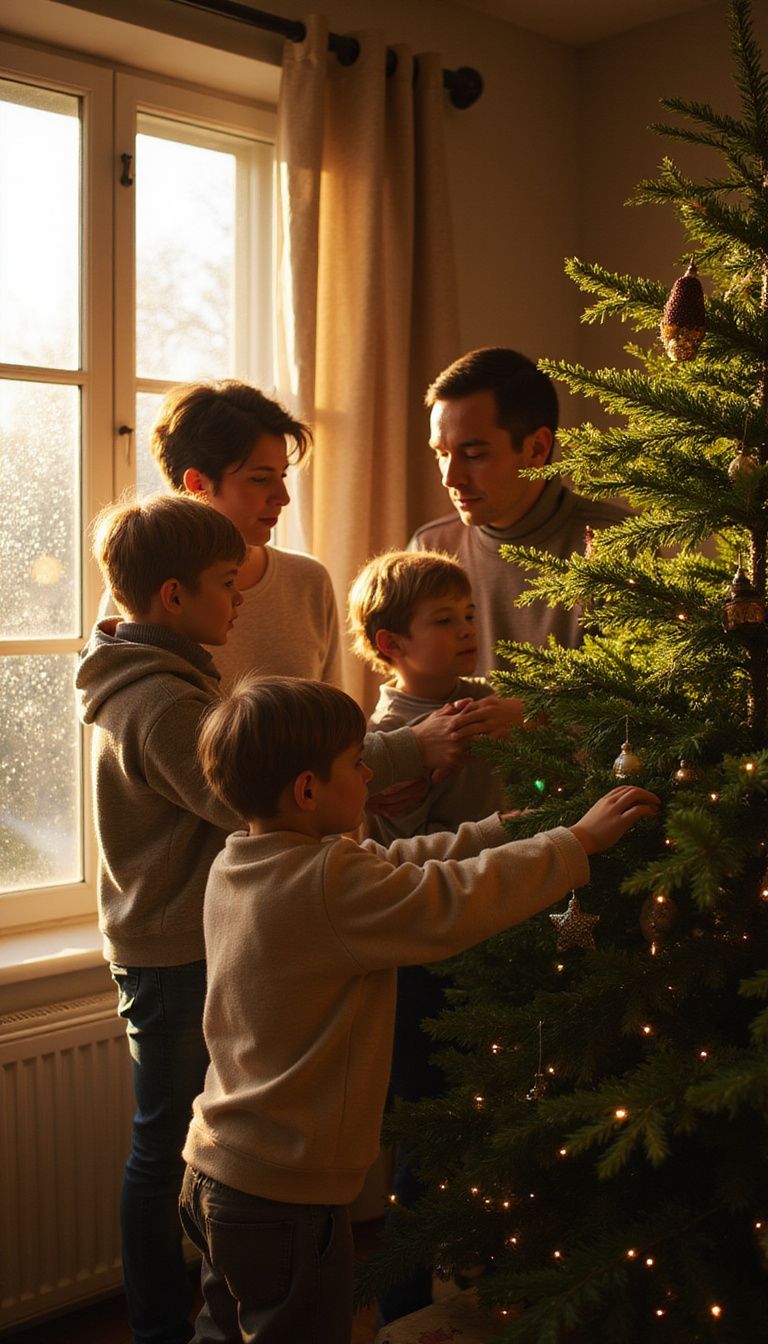 A family joyfully secures a Christmas tree together in their home.