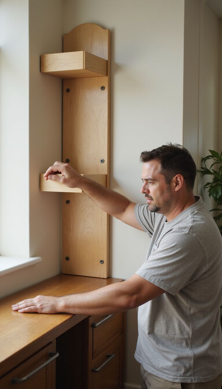 An adult installs a cat climbing wall in a cozy living room. An adult installs a cat climbing wall in a cozy living room.