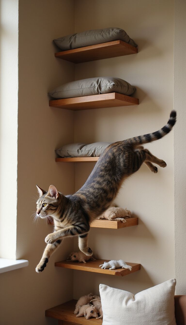 A tabby cat leaps toward wooden shelves in a cozy living room. A tabby cat leaps toward wooden shelves in a cozy living room.