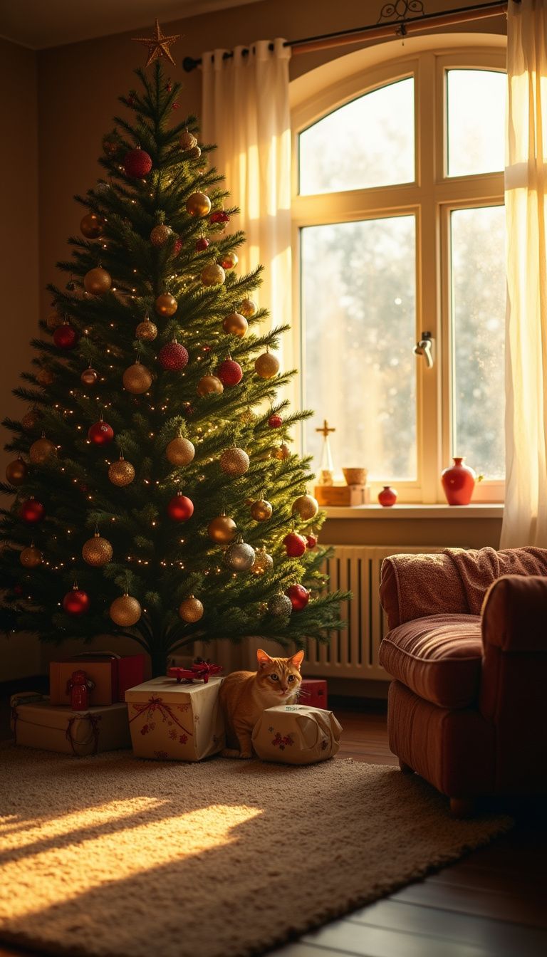 A cozy living room features a beautifully decorated Christmas tree.