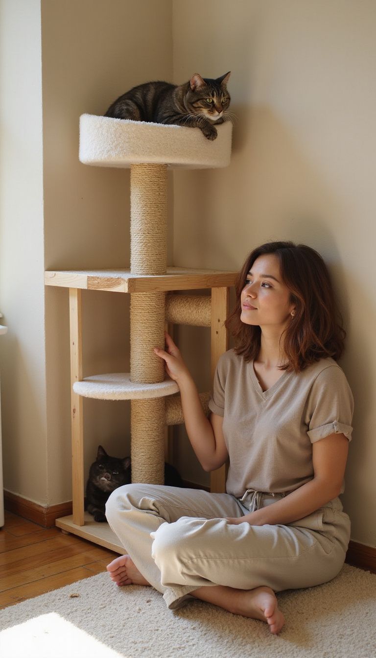 A woman enjoys a cozy moment with her cat tree. A woman enjoys a cozy moment with her cat tree.