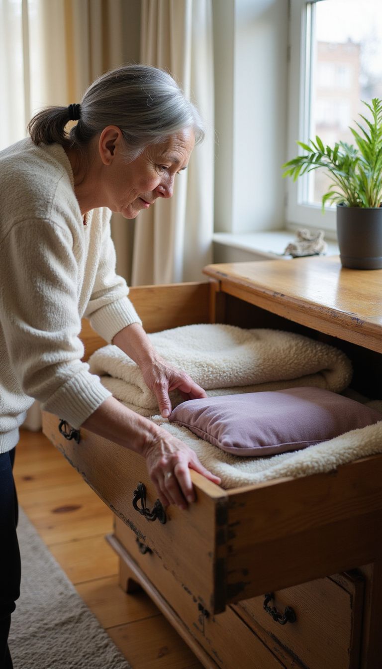 An elderly woman arranges blankets in a wooden dresser for her cat. An elderly woman arranges blankets in a wooden dresser for her cat.