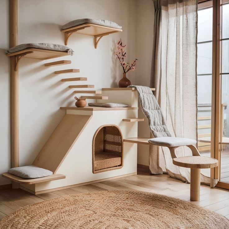 A woman in her 30s installs wooden cat wall shelves in a cozy living room. Installation Tips for DIY Cat Wall Shelves