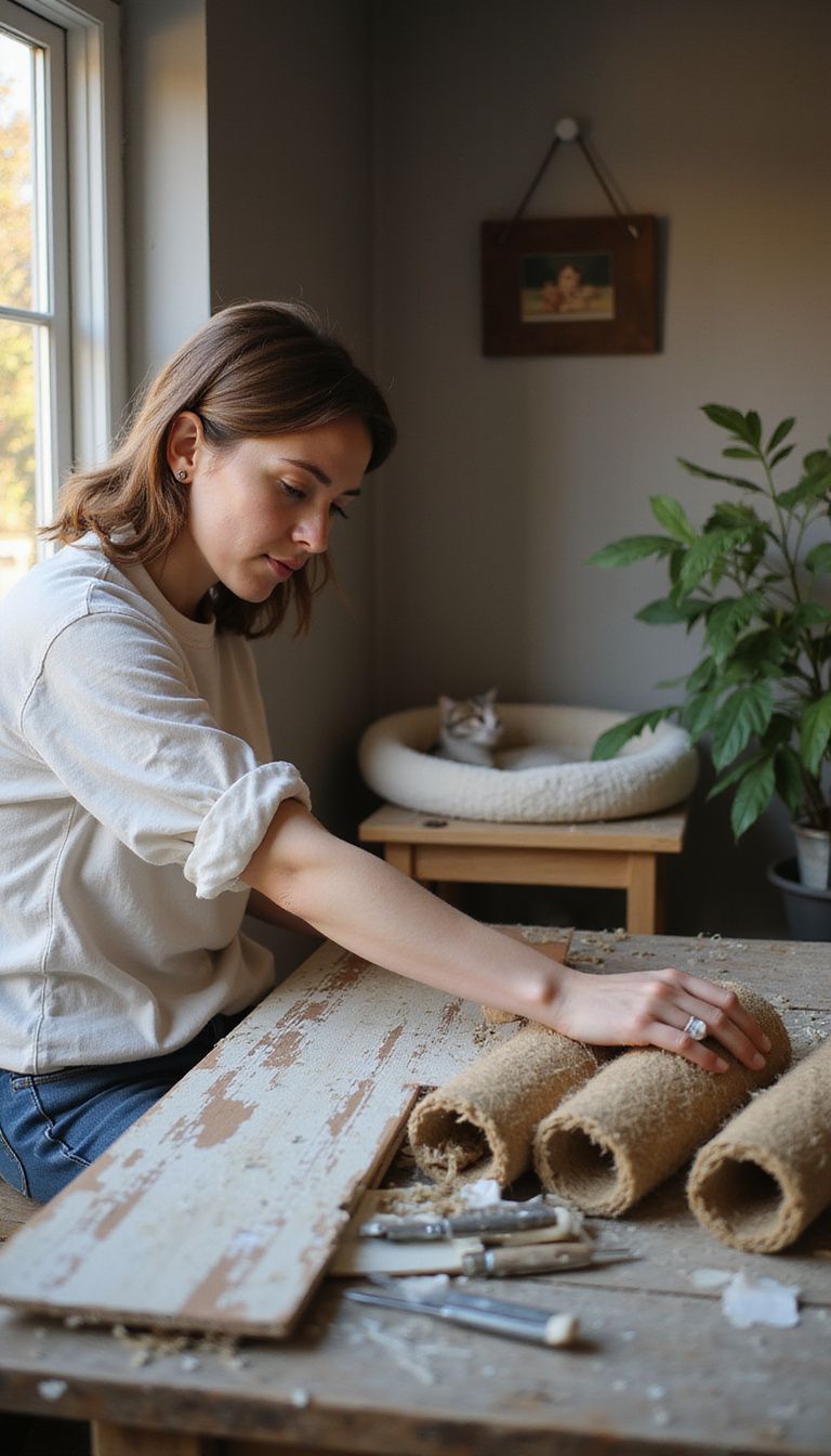 A focused woman refurbishes a wooden bookshelf for a cozy cat wall. A focused woman refurbishes a wooden bookshelf for a cozy cat wall.