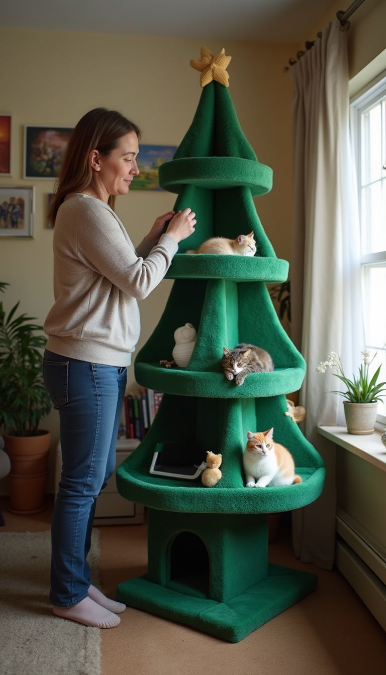 A woman assembles a cozy, worn cat tree in her living room.